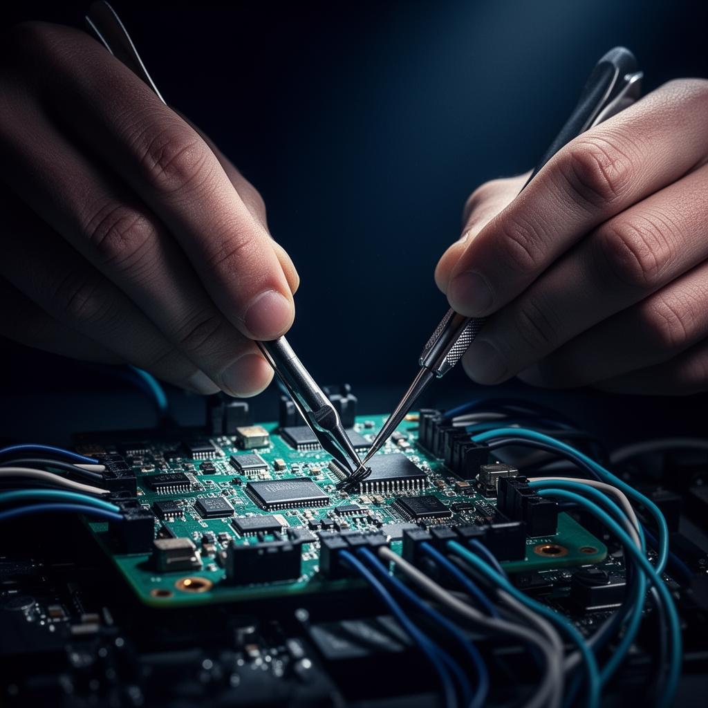 Técnico reparando placa electrónica con herramientas profesionales