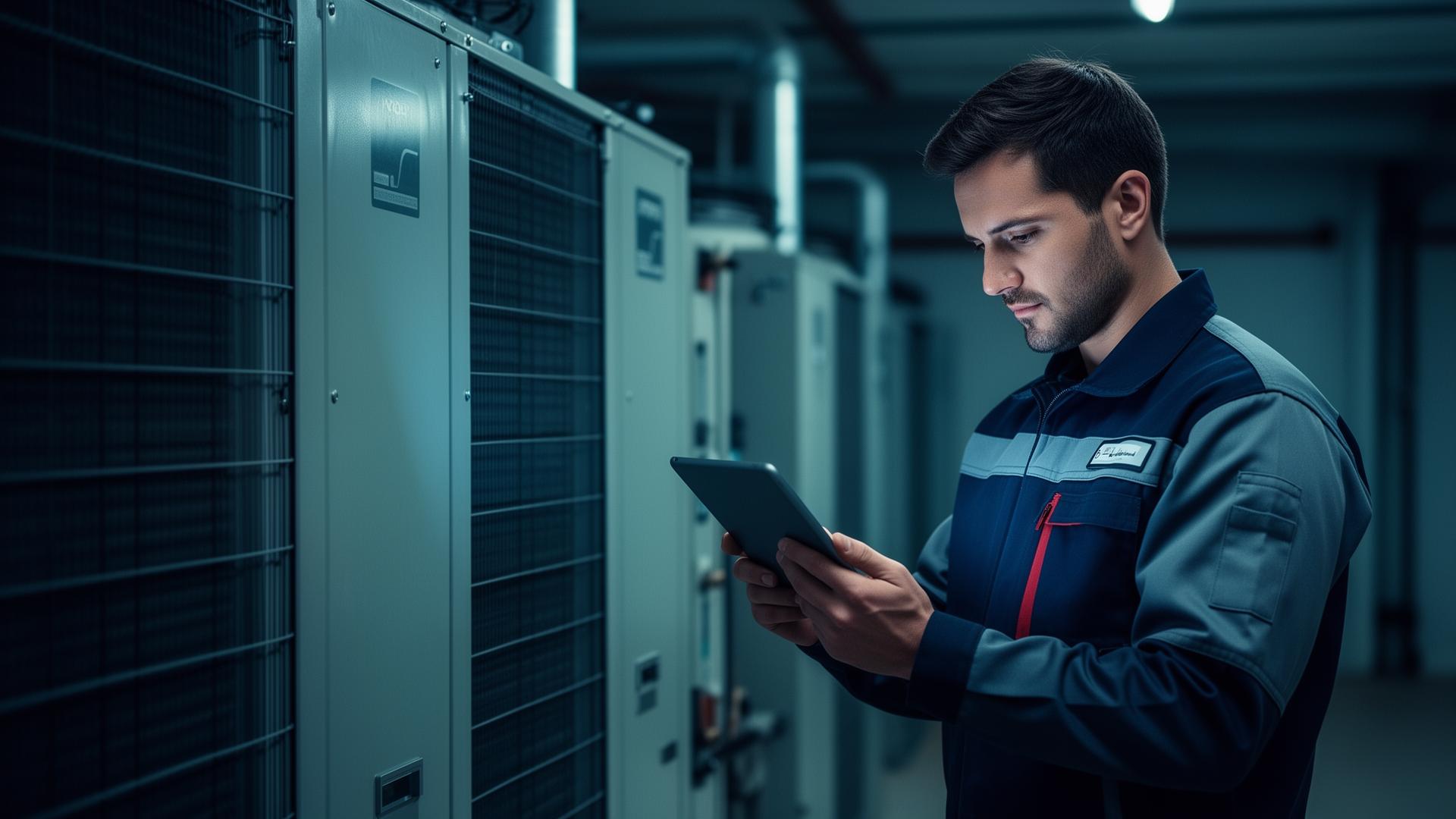 Técnico de campo inspeccionando equipos con tablet